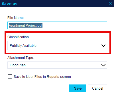 Screenshot showing document classification dropdown.