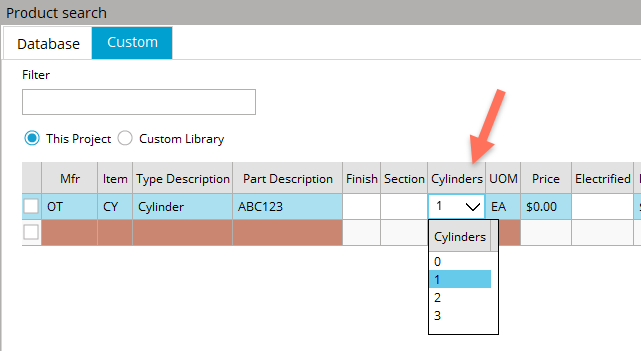 Custom products tab with cylinders dropdown