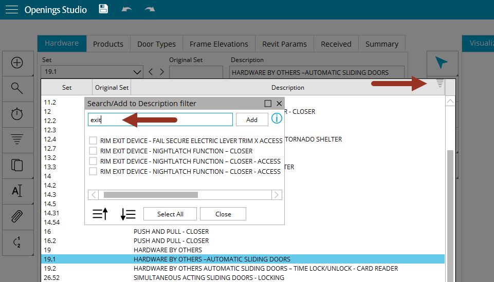 Dropdown filter on set description