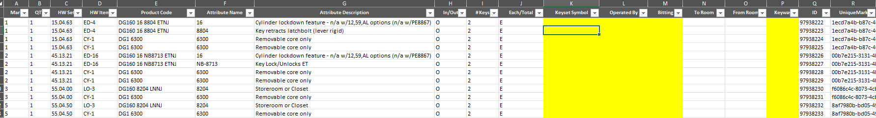 Exported spreadsheet showing editable yellow columns.