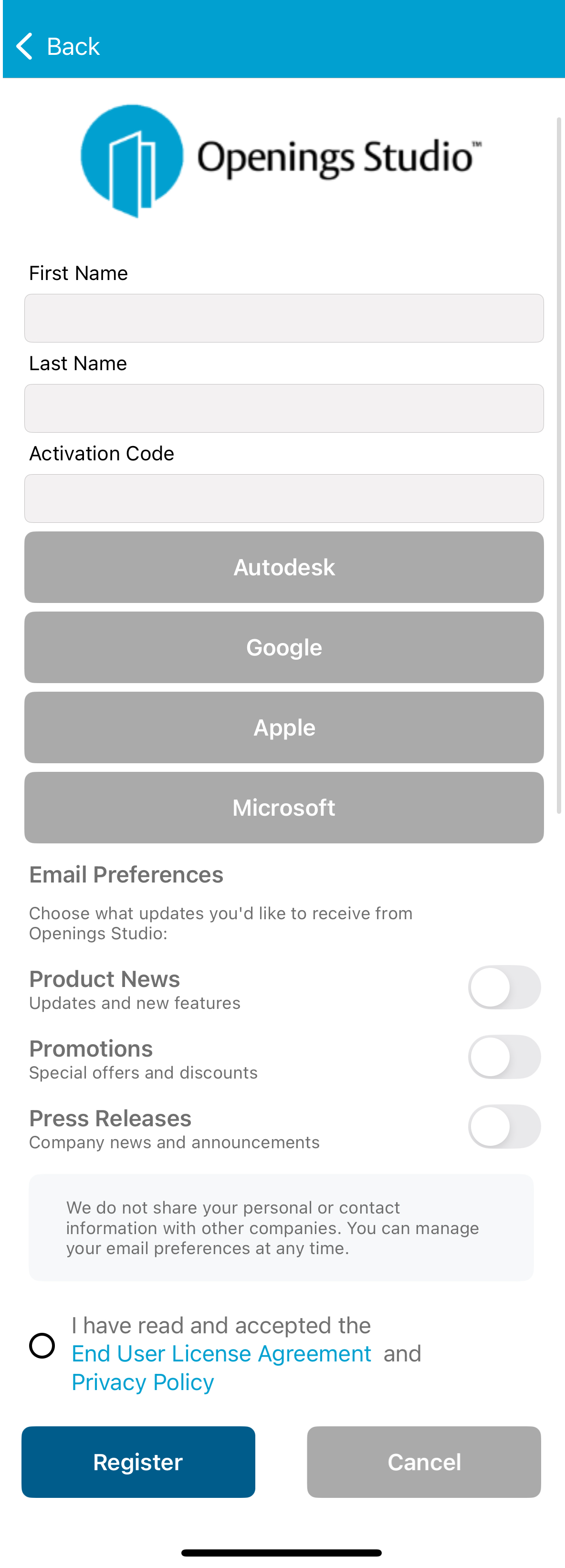 Mobile App register