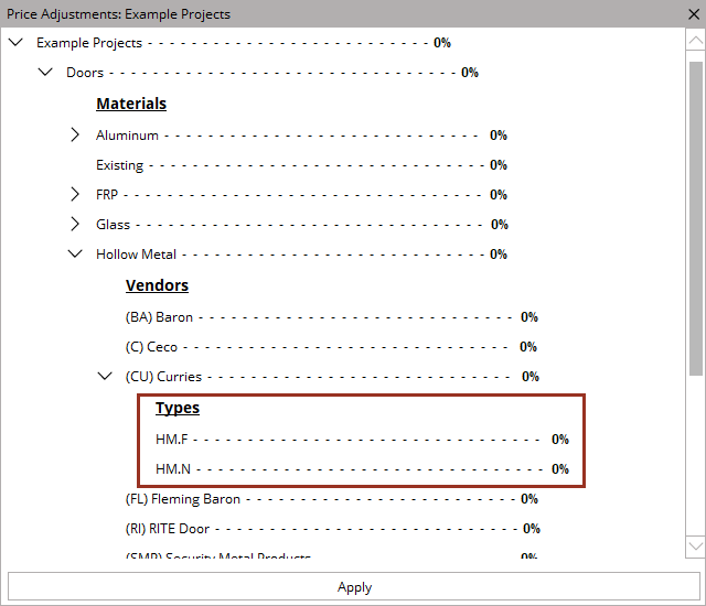 Pricing adjustments screen