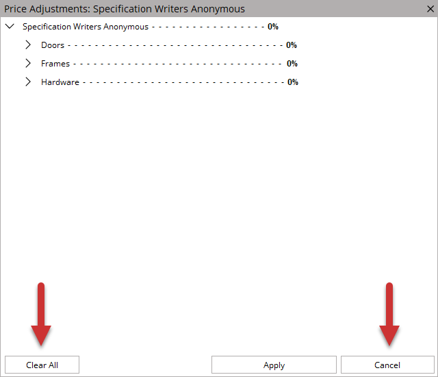 Pricing adjustments screen