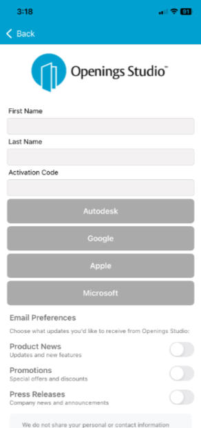 Mobile app registration screen