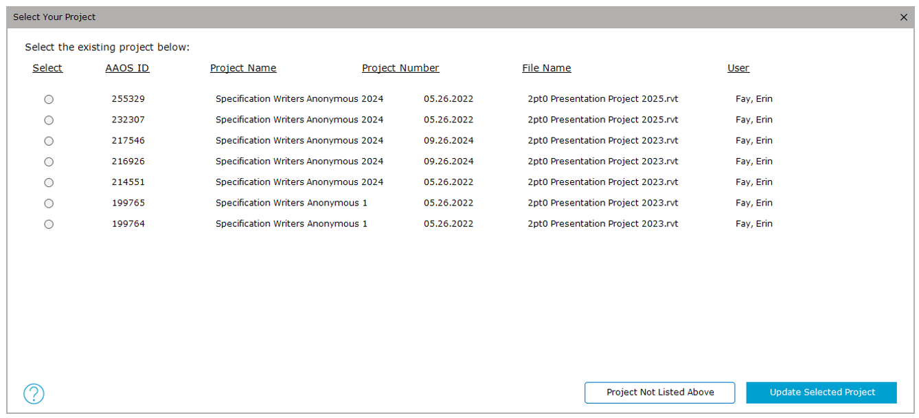 Screenshot of the Select Your Project screen in Revit.