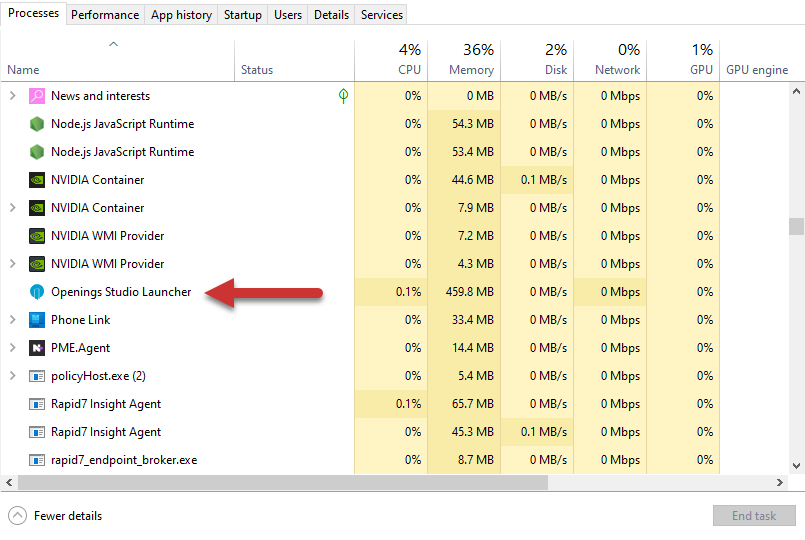 Openings Studio in the task manager processes