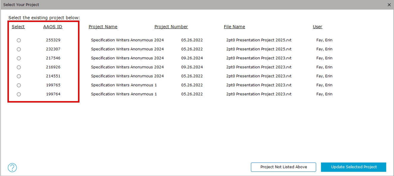 Screenshot showing the list of projects with the select and AAOS ID highlighted.